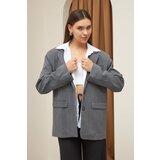 Laluvia Gray Shirt Detailed Back Printed Blazer Jacket cene
