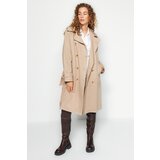 Trendyol Mink Oversize Hooded Trench Coat with Faux Leather Collar Cene