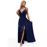 Numoco Elegant long shiny dress with a neckline and slit on the legs | shoptok.hr