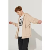 ALTINYILDIZ CLASSICS Men's Milk Brown Oversize Fit Wide Cut Hooded Collar 100% Cotton Zippered Sweatshirt