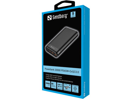 Sandberg Banka baterija - Powerbank 20000 PD65W+2xQC3.0 (Ulaz: USB-C, Izlaz: 2xUSB-A+USB-C) | shoptok.hr
