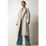  Women's Cream Double Breasted Neck Belted Oversize Cachet Coat | Shoptok.si