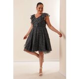 By Saygı Small Checked Lined Plus Size Chiffon Dress with Flounce Collar Cene