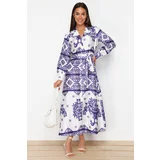 Trendyol Purple Woven Satin Patterned Shirt Evening Dress
