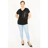 Şans Women's Black Plus Size Stone and Faux Leather Garnished Low Sleeve Blouse