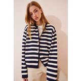  Women's ecru navy blue striped knitwear cardigan with waistcoat | ePonuda.com