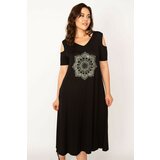 Şans Women's Plus Size Black Shoulder Open Back Detailed Stone Embroidered Viscose Dress Cene