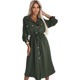 numoco basic 531-5 Midi Shirt Dress with Gold Buttons and Tie - KHAKI | Shoptok.si