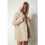  Women's Beige Hooded Oversized Shearling Plush Coat | shoptok.hr