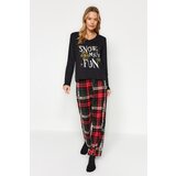 Trendyol Black Motto with Foil Print Tshirt-Pants and Knitted Pajamas Set Cijene