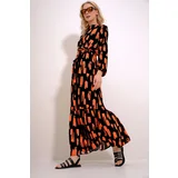 Trend Alaçatı Stili Women's Black-Orange Crew Neck Patterned Skirt Flounce Belted Waist Maxiboy Dress