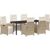 vidaXL 7-dijelni set vrtnih stolova za objedovanje s jastučićima, bež poli ratan, vrtni stol crni 200x80x73 cm, staklo otporno na udarce | shoptok.hr