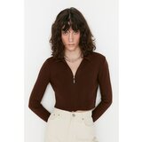 Trendyol Brown Crop Zippered Knitwear Cardigan Cene