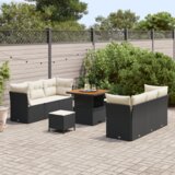vidaXL 9-delna vrtna sedežna garnitura z blazinami Črn poli ratan Acacia | Shoptok.si