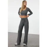Trendyol Anthracite Soft Crop and Wide Leg Knitted Top and Bottom Set