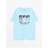LC Waikiki Blue-Colored, 100% Cotton Combed Combed Crew Neck Printed Short Sleeve Boys' T-shirt.