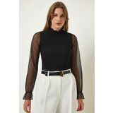 Happiness İstanbul Women's Black Polka Dot Tulle Sleeve Knitted Blouse cene