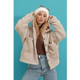Trend Alaçatı Stili Women's Beige Hooded Double Pocket Plush Coat Cene