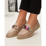 Resti Eco suede light brown women's moccasins with decorative crystals Nellens- Footwear | Shoptok.si