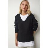Happiness İstanbul Women's Black V-Neck Textured Knitwear Sweater Cene