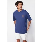 Trendyol Navy Blue Oversize/Wide Cut Crew Neck City Printed 100% Cotton T-Shirt
