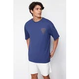 Trendyol Navy Blue Oversize/Wide Cut Crew Neck City Printed 100% Cotton T-Shirt