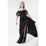 Lafaba Women's Black Bateau Neck Slit Long Satin Evening Dress.