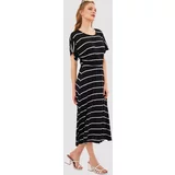 armonika Women's Black Decatessera Dress Batwing Sleeve Waist Elastic Skirt Lined Striped Midi Length