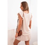 Kesi Włoski Ladies' set made of viscose, blouse with ruffles and short shorts beige | shoptok.hr