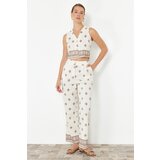 Trendyol Ecru Patterned Buttoned Linen Look Blouse Trousers Woven Bottom-Top Set Cene