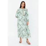 Trendyol Green Gold Brode Detailed Woven Lined Chiffon Floral Dress