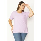 Şans Women's Plus Size Lilac Cotton Fabric V-Neck Short Sleeve Blouse Cene