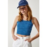 Happiness İstanbul Women's Blue Barter Neck Washed Crop Knitted Blouse cene