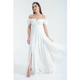 Lafaba women's white open shoulder slit detailed tulle evening dress cene