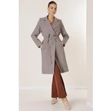By Saygı Double Breasted Neck Lined Side Pockets Belted Waist Herringbone Imported Cachet Coat