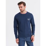 Ombre Men's cotton longsleeve with striped U neckline and embroidery - dark blue | Shoptok.si