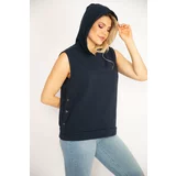 Şans Women's Plus Size Navy Blue Side Snaps Slit Hooded Sleeveless Sweatshirt