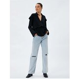  Long Sleeve Blouse Frilly V-Neck Tie Detail Cotton Black | ePonuda.com