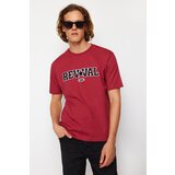Trendyol Men's Burgundy Relaxed/Comfortable Cut Text Embroidery Appliqué 100% Cotton Short Sleeve T-Shirt | ePonuda.com