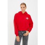 Trendyol red back print detail hooded crop knitted sweatshirt Cene