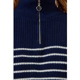  Women's Navy Blue White Zippered Stand Up Collar Striped Oversize Sweater | Shoptok.si