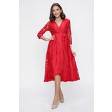 By Saygı Double-breasted Collar Lined, Wrapped Lace Dress Red