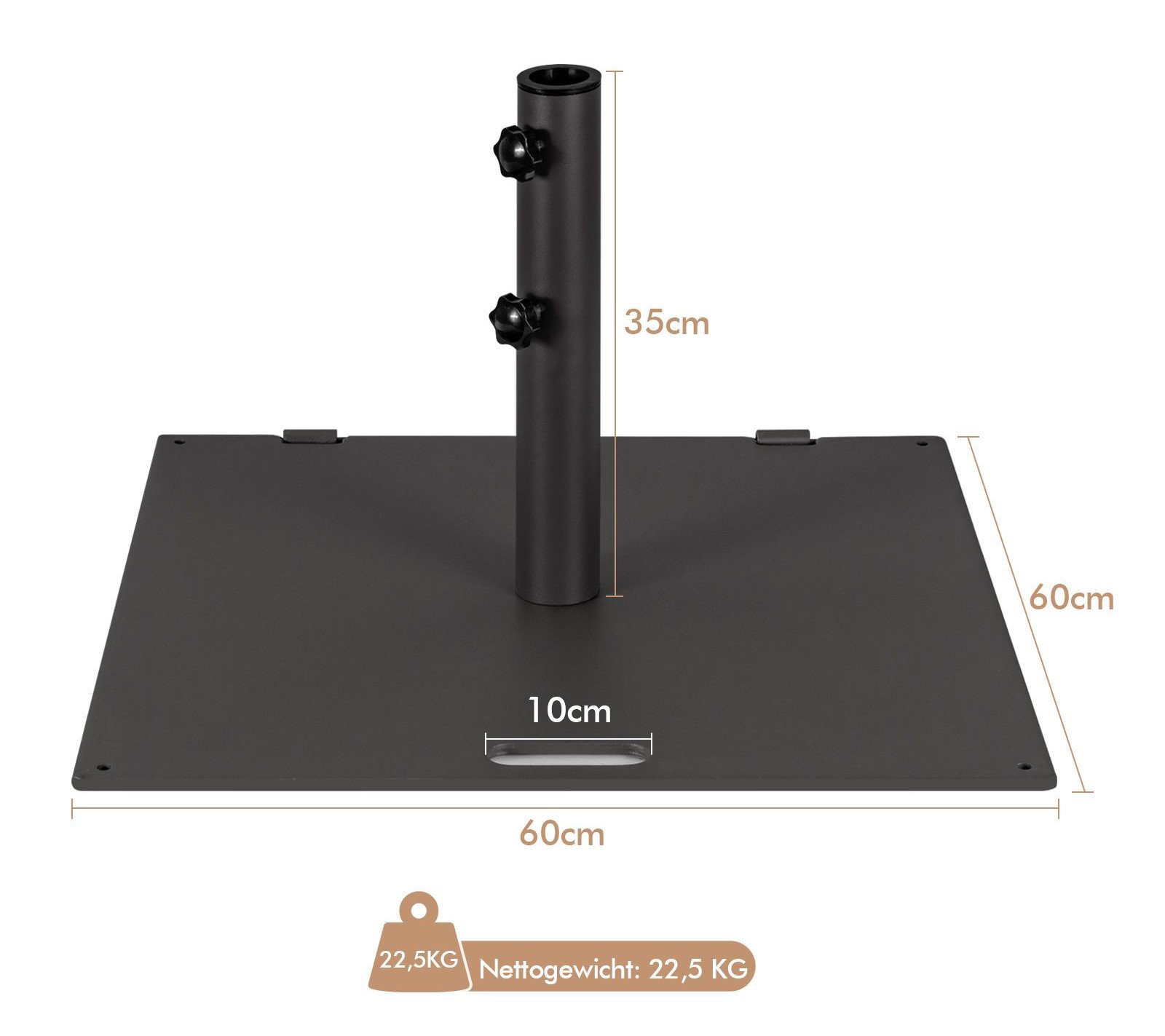 Stalak za ni suncobran težak 22,5 kg, kvadratni držač za suncobran s adapterima 4 cm/5 cm, crni