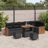 vidaXL 9-delna vrtna sedežna garnitura s blazinami Črna Poly Rattan Akacija | Shoptok.si