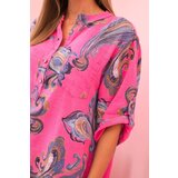 Kesi Włoski Women's cotton blouse with decorative print and rolled-up sleeves pink | Shoptok.si