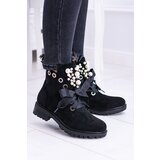 FI1 Suede Lined Ankle Boots With Pearls And Ribbon Black Perla | shoptok.hr