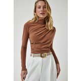 Happiness İstanbul Women's Biscuit Gathered Detailed High Neck Sandy Blouse cene