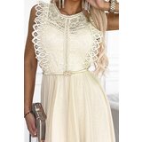 numoco basic 454-3 GRETA sukienka z koronką i złotym paskiem - BEŻOWA | Shoptok.si
