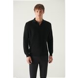 Avva Men's Black Polo Neck Herringbone Patterned Cotton Standard Fit Normal Cut Knitwear Sweater Cene