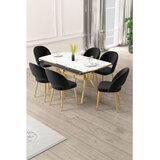 Hanah home trpezarijski set Weps, sto na razvlačenje i 6 stolica, ploča u dekoru belog mermera, zlatne noge, crna tkanina Babyface | Eponuda.com
